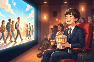 就活生におすすめの映画 映画館でポップコーンを持つスーツ姿の男性