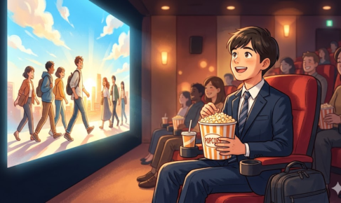 就活生におすすめの映画 映画館でポップコーンを持つスーツ姿の男性